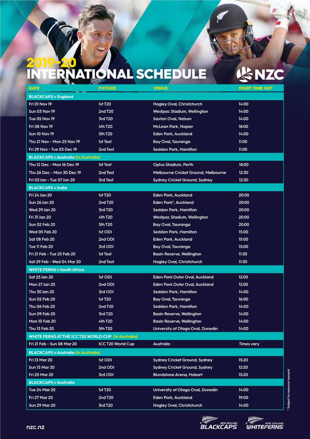 2019-20 International Schedule