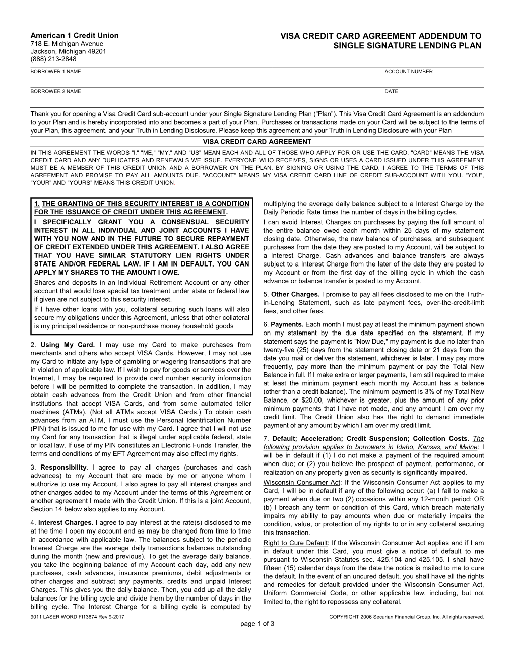 Visa Credit Card Agreement Addendum to Single