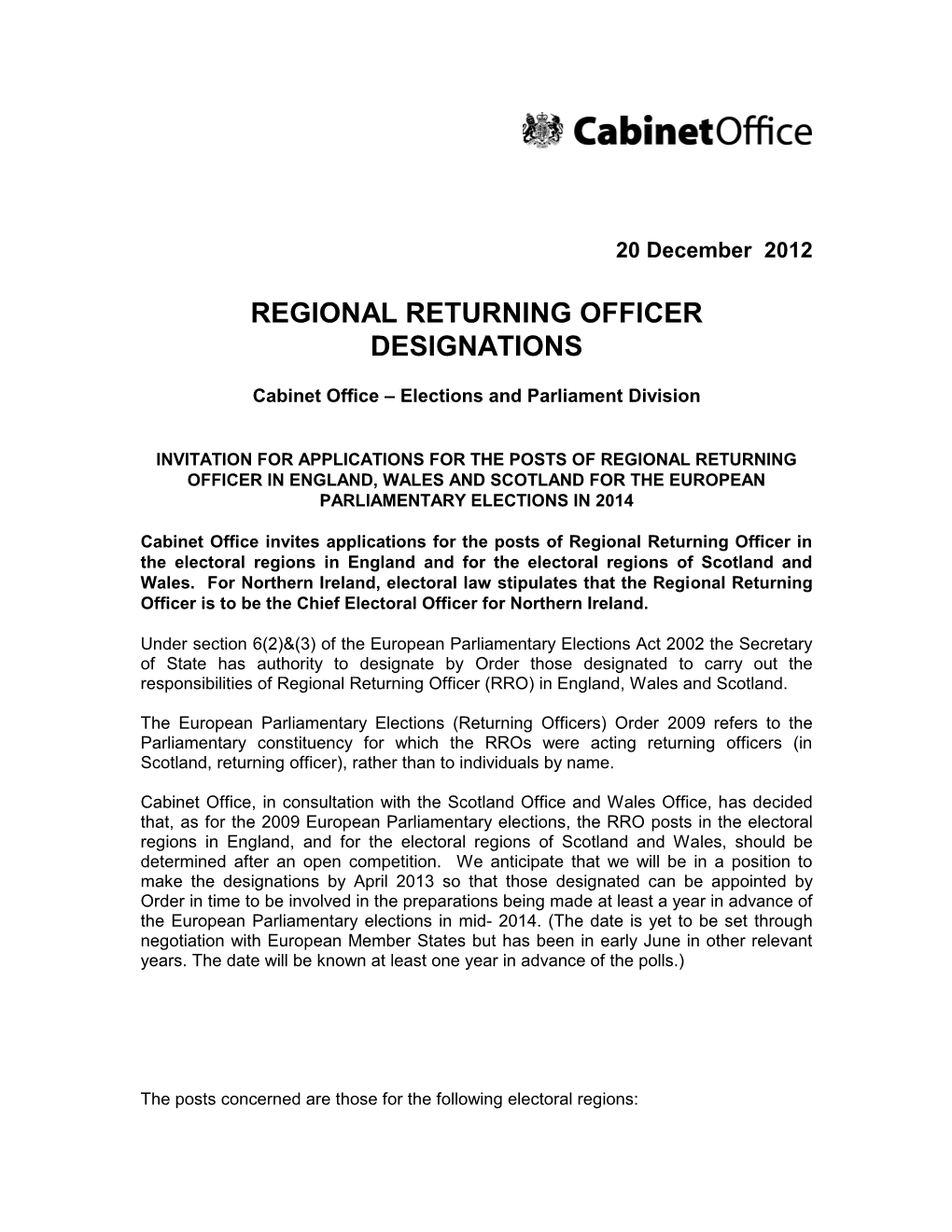 Regional Returning Officer Designations