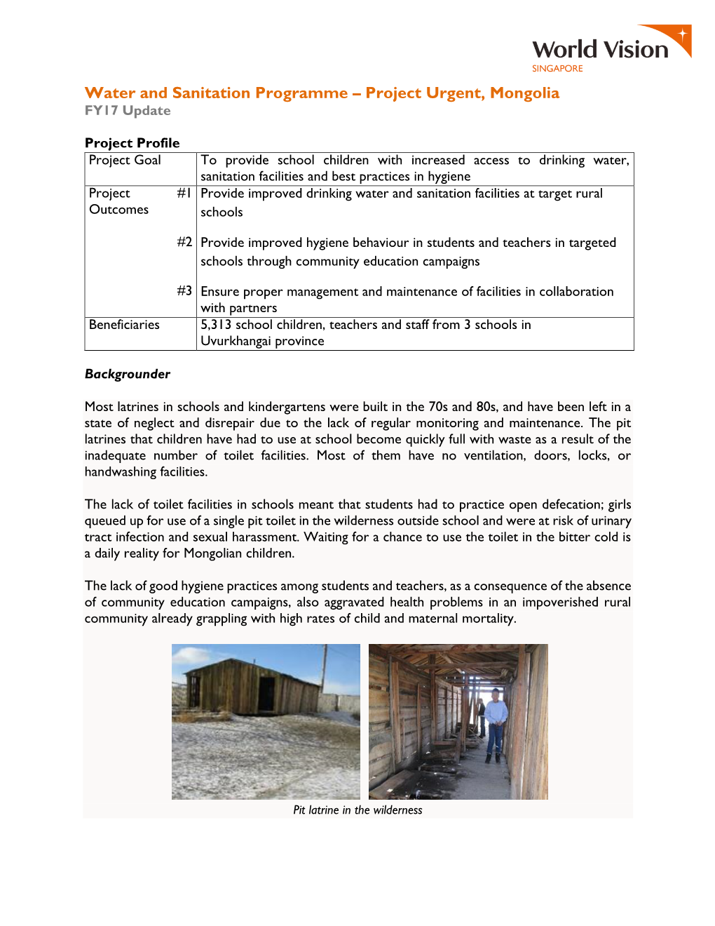 Water and Sanitation Programme – Project Urgent, Mongolia FY17 Update