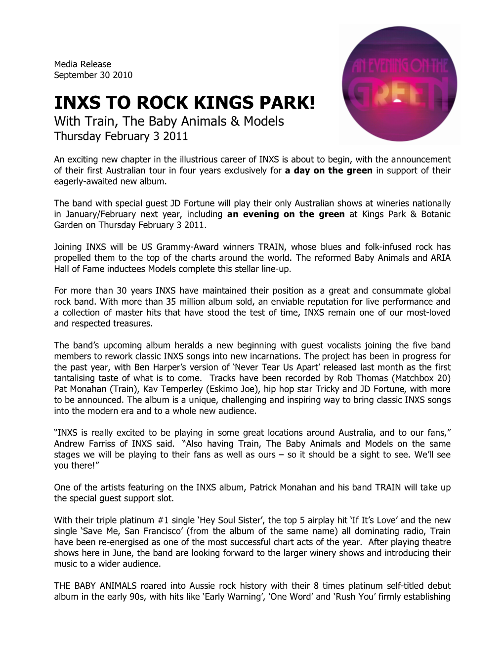 INXS Kings Park Media Release