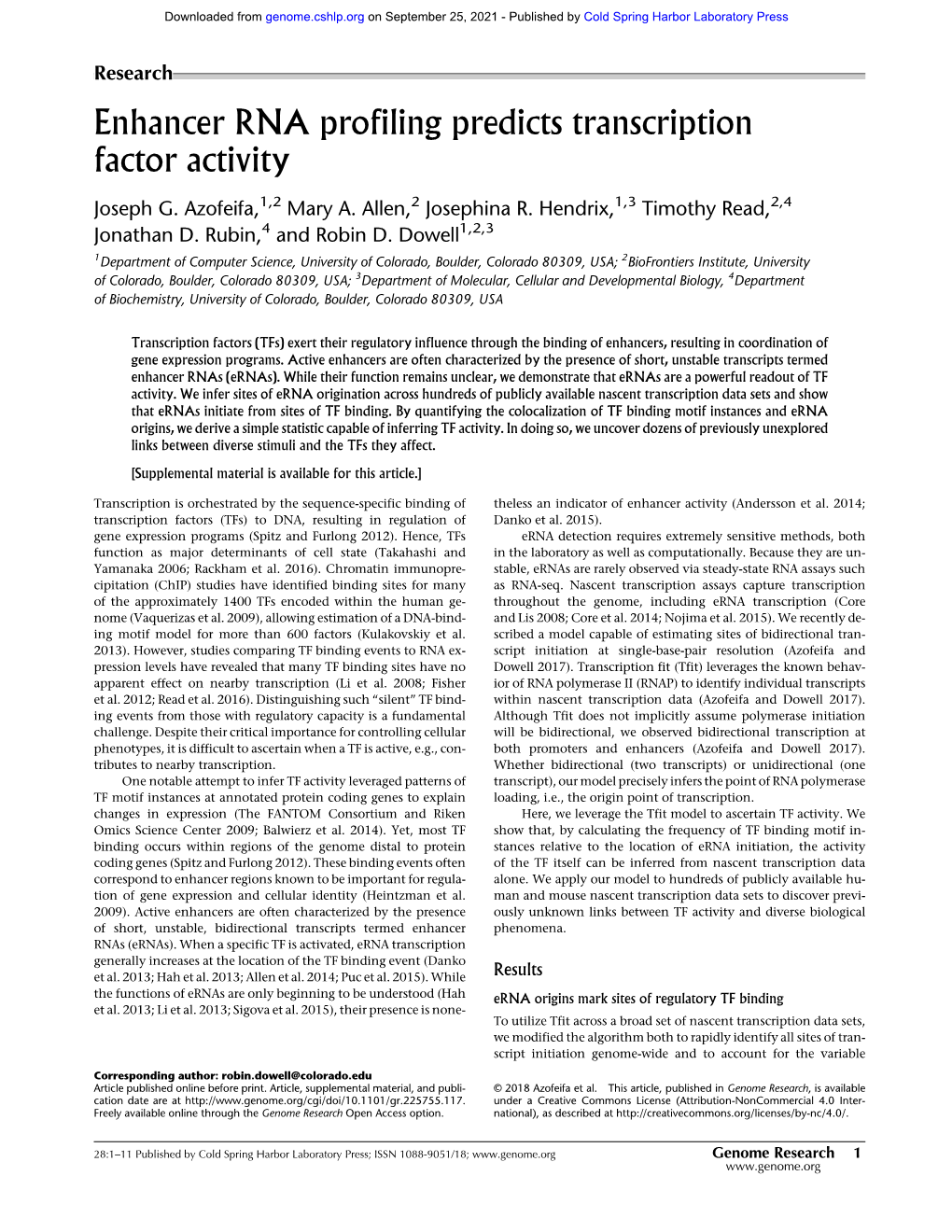 Enhancer RNA Profiling Predicts Transcription Factor Activity