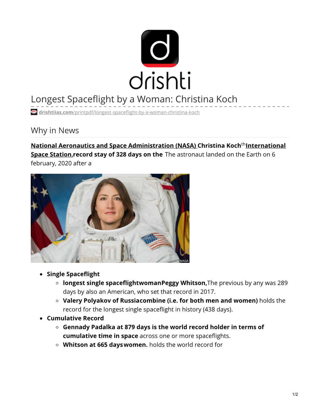 Longest Spaceflight by a Woman: Christina Koch