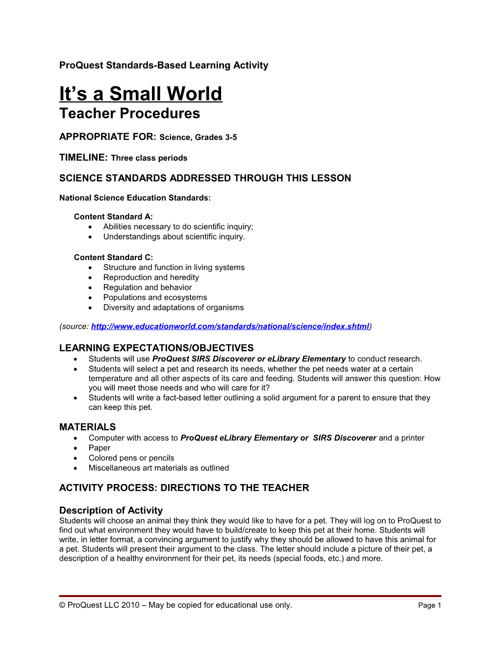 Lesson Plan: Science 3-5 Small World