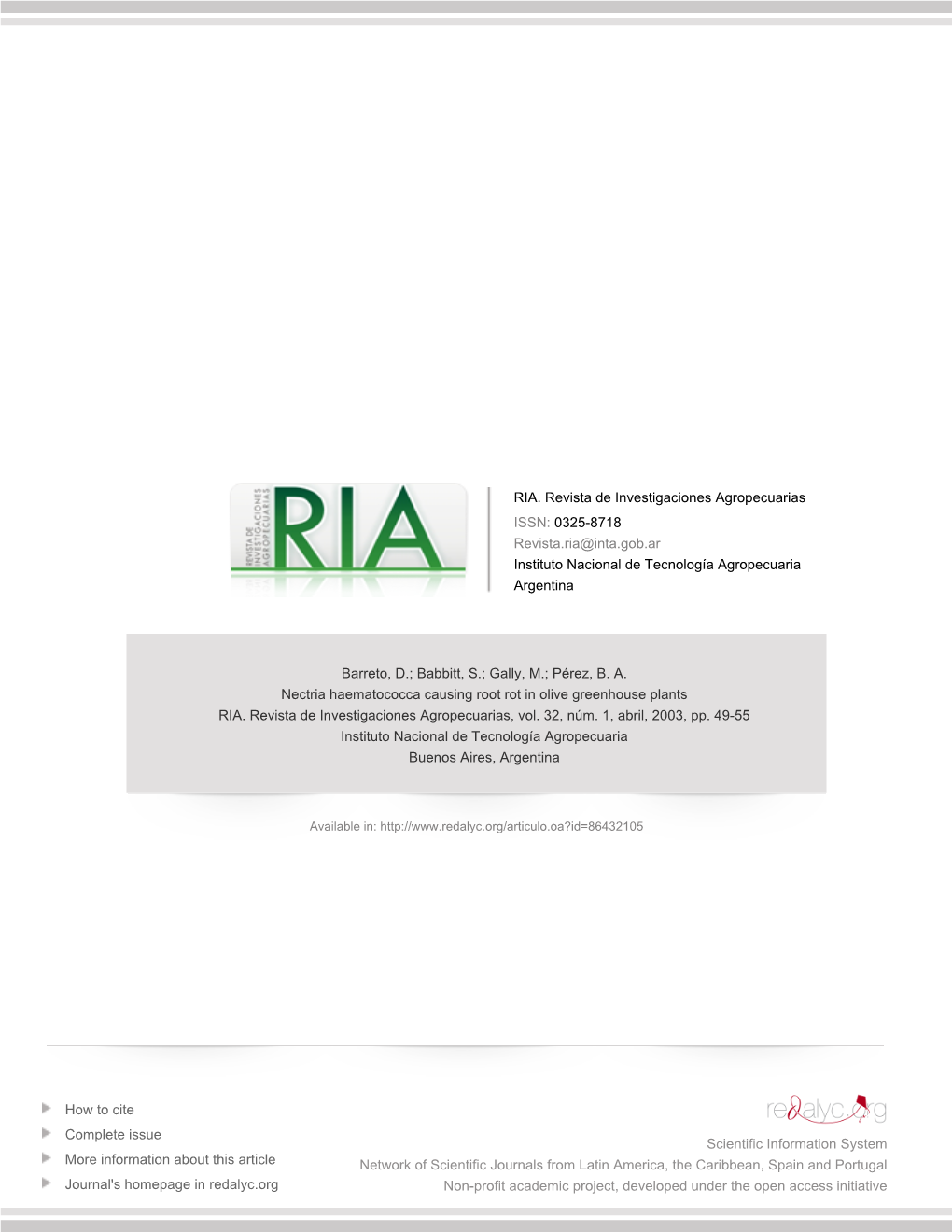 Redalyc.Nectria Haematococca Causing Root Rot in Olive Greenhouse