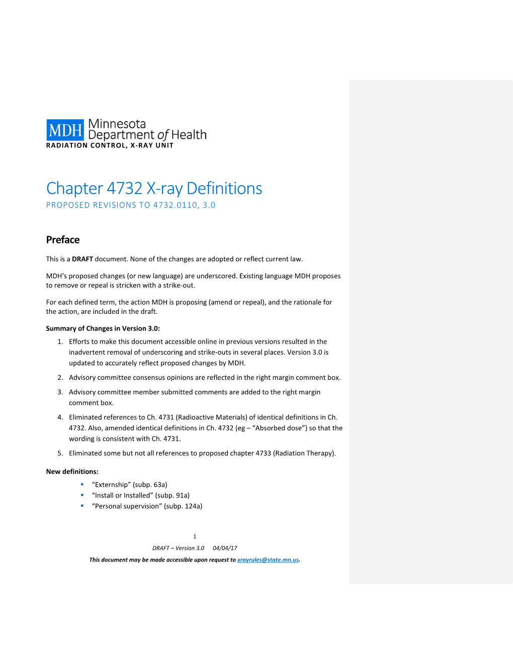 Chapter 4732 X-Ray Definitions PROPOSED REVISIONS to 4732.0110, 3.0