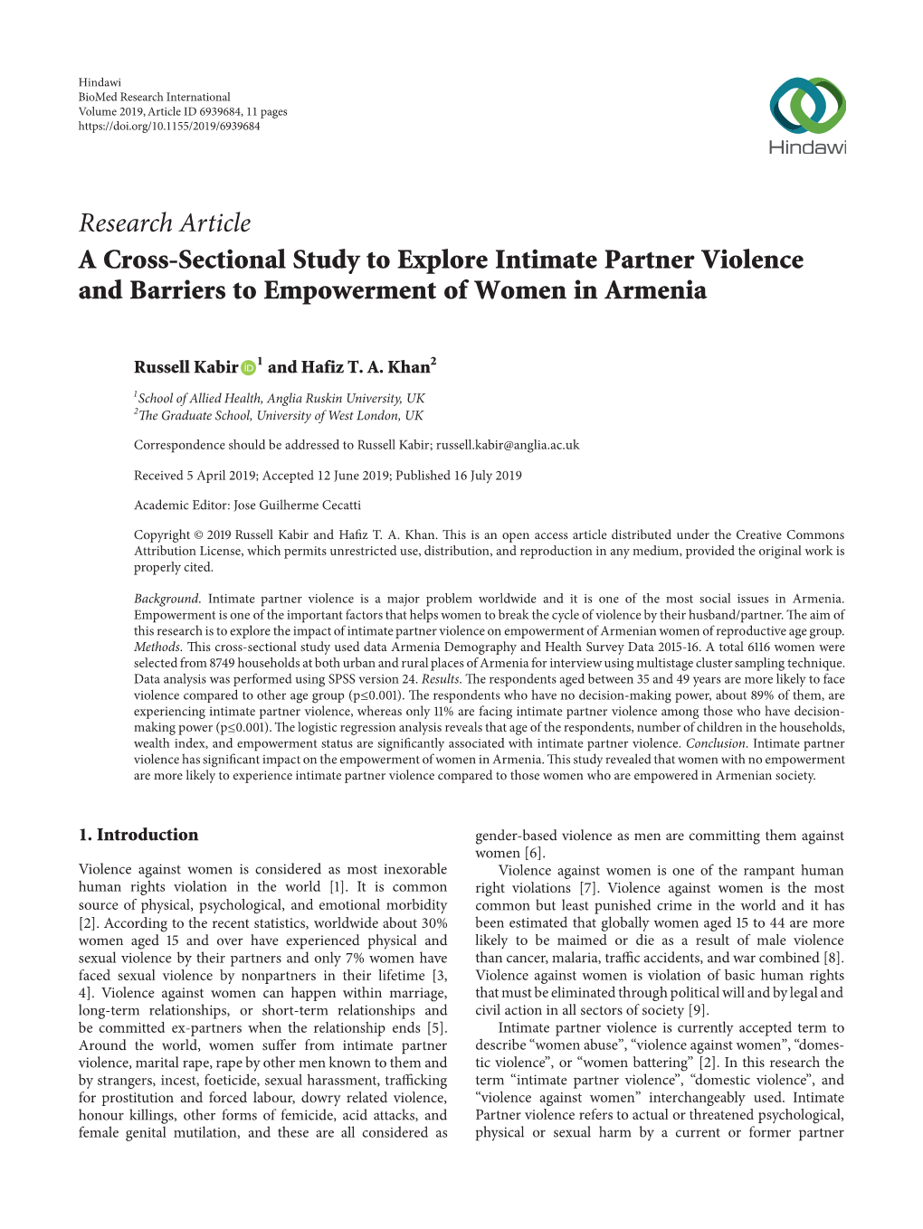 A Cross-Sectional Study to Explore Intimate Partner Violence and Barriers to Empowerment of Women in Armenia