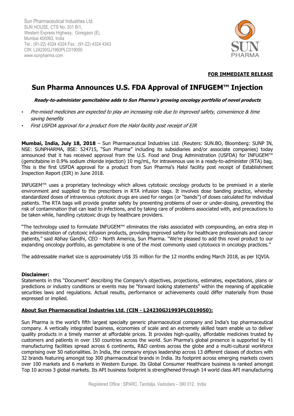 Sun Pharma Announces USFDA Approval of INFUGEM Injection