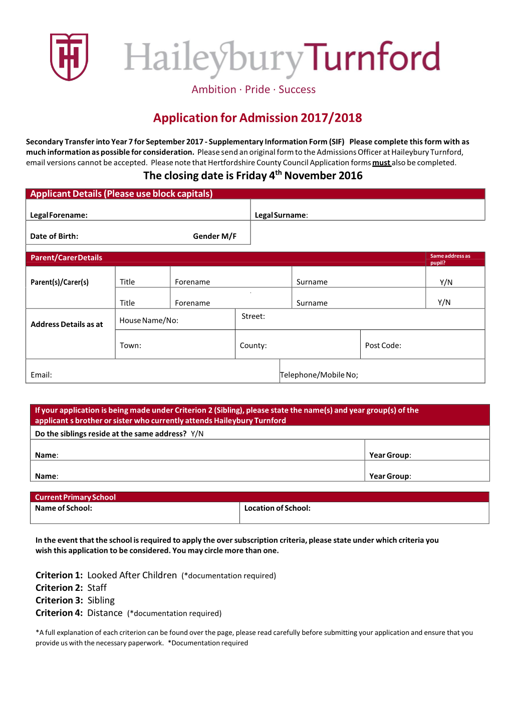 Application for Admission 2017/2018