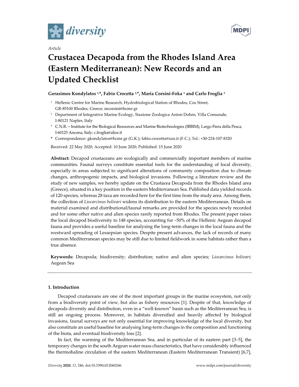 Crustacea Decapoda from the Rhodes Island Area (Eastern Mediterranean): New Records and an Updated Checklist