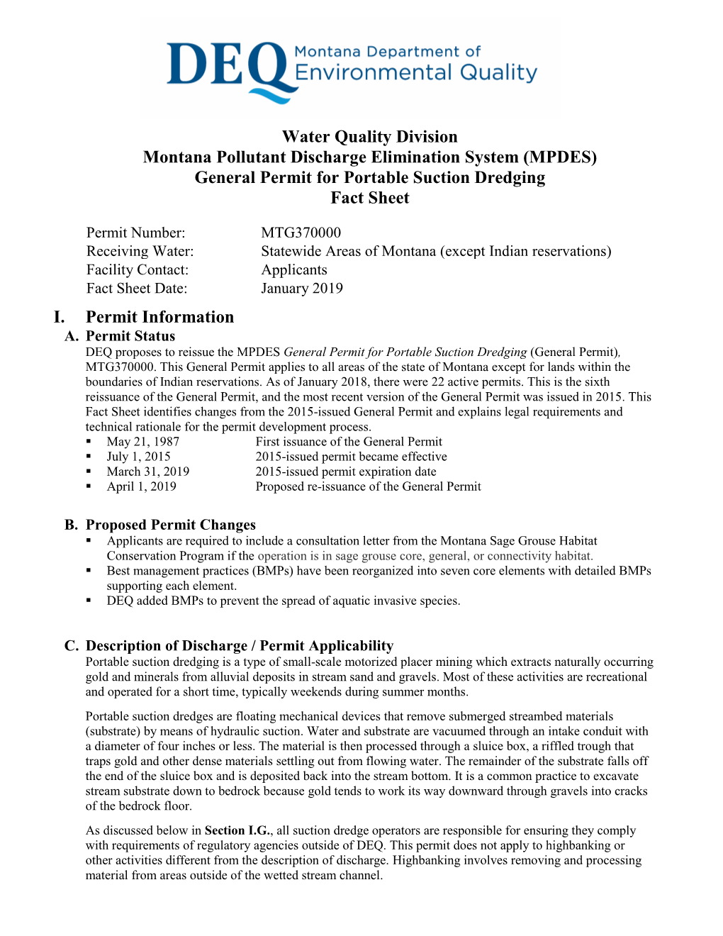 Water Quality Division Montana Pollutant Discharge Elimination System (MPDES) General Permit for Portable Suction Dredging Fact Sheet