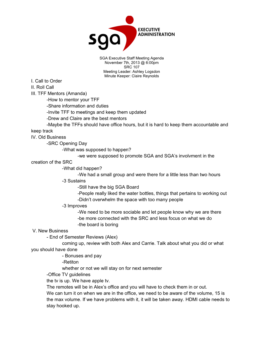 SGA Executive Staff Meeting Agenda