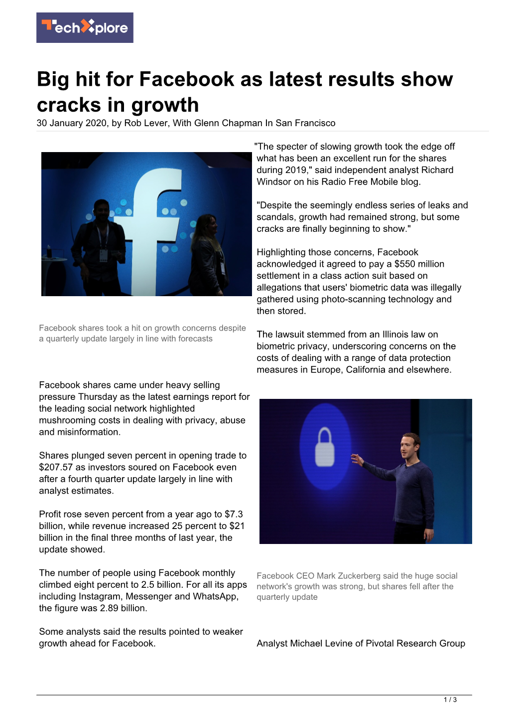 Big Hit for Facebook As Latest Results Show Cracks in Growth 30 January 2020, by Rob Lever, with Glenn Chapman in San Francisco
