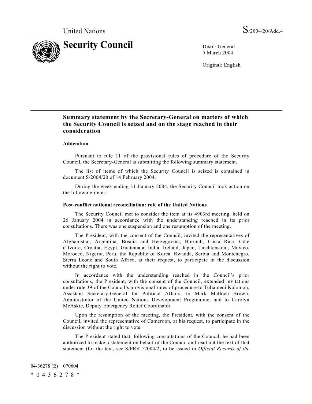 Security Council Distr.: General 5 March 2004
