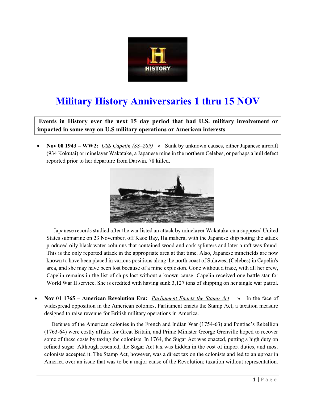 Military History Anniversaries 1 Thru 15 NOV