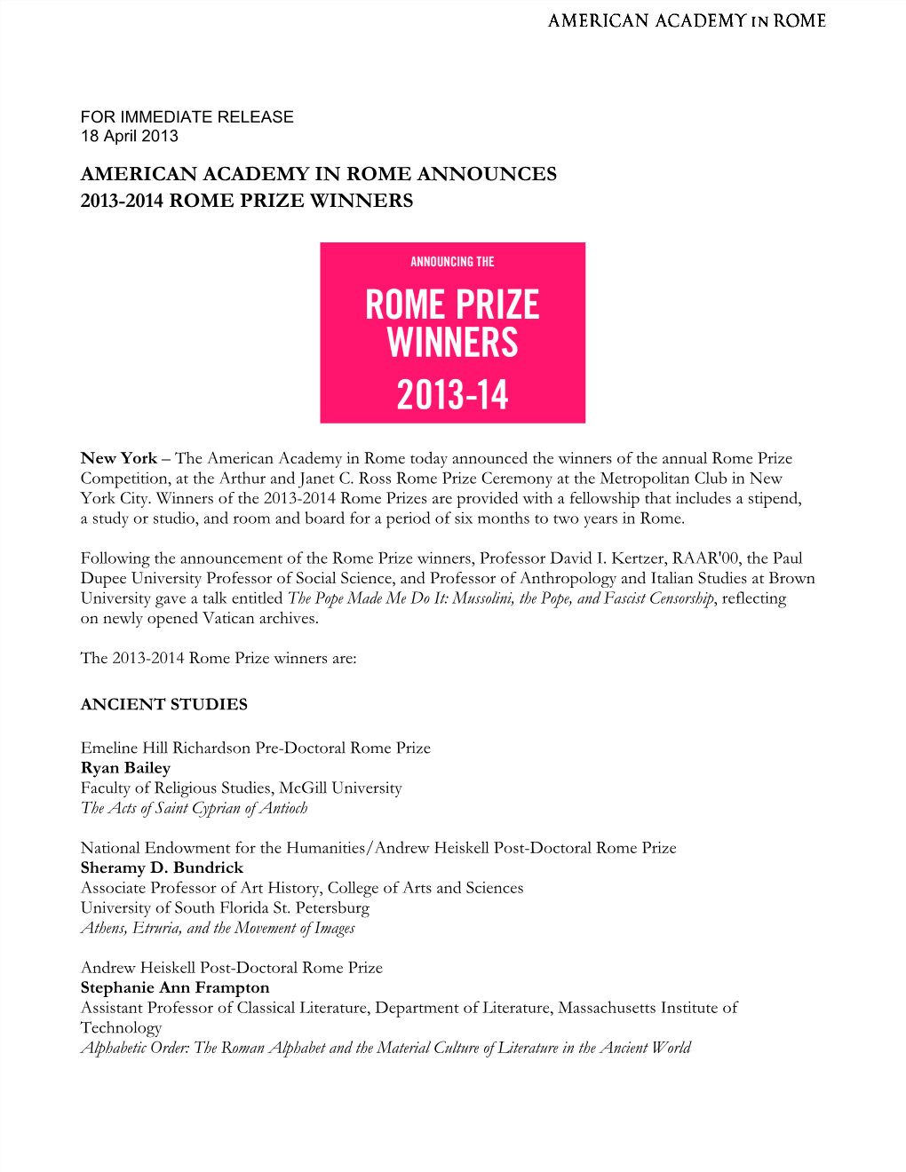 American Academy in Rome Announces 2013-2014 Rome Prize Winners