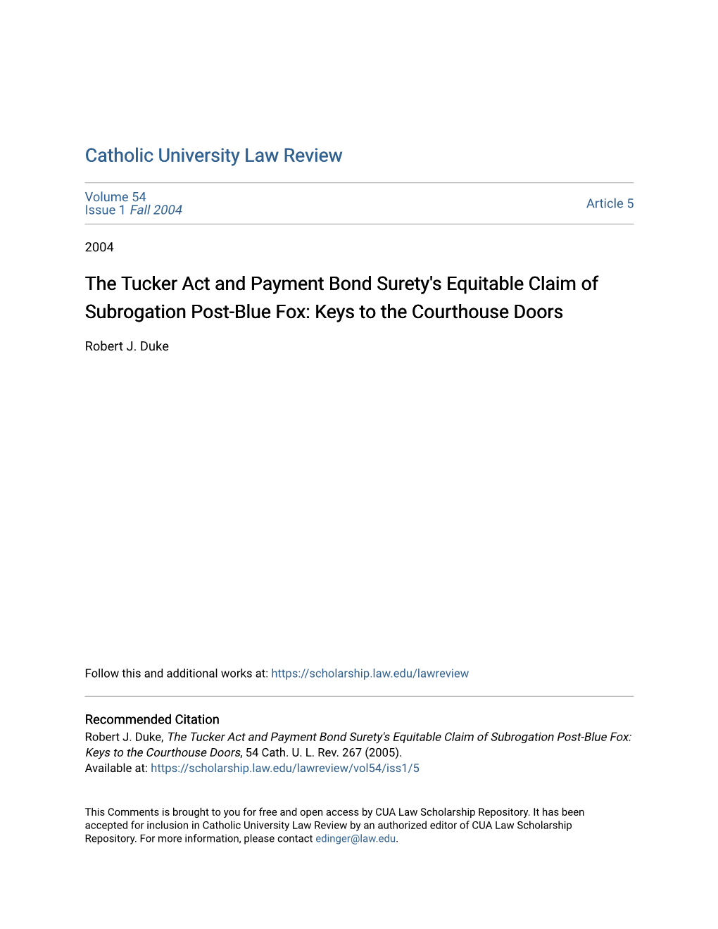 The Tucker Act and Payment Bond Surety's Equitable Claim of Subrogation Post-Blue Fox: Keys to the Courthouse Doors