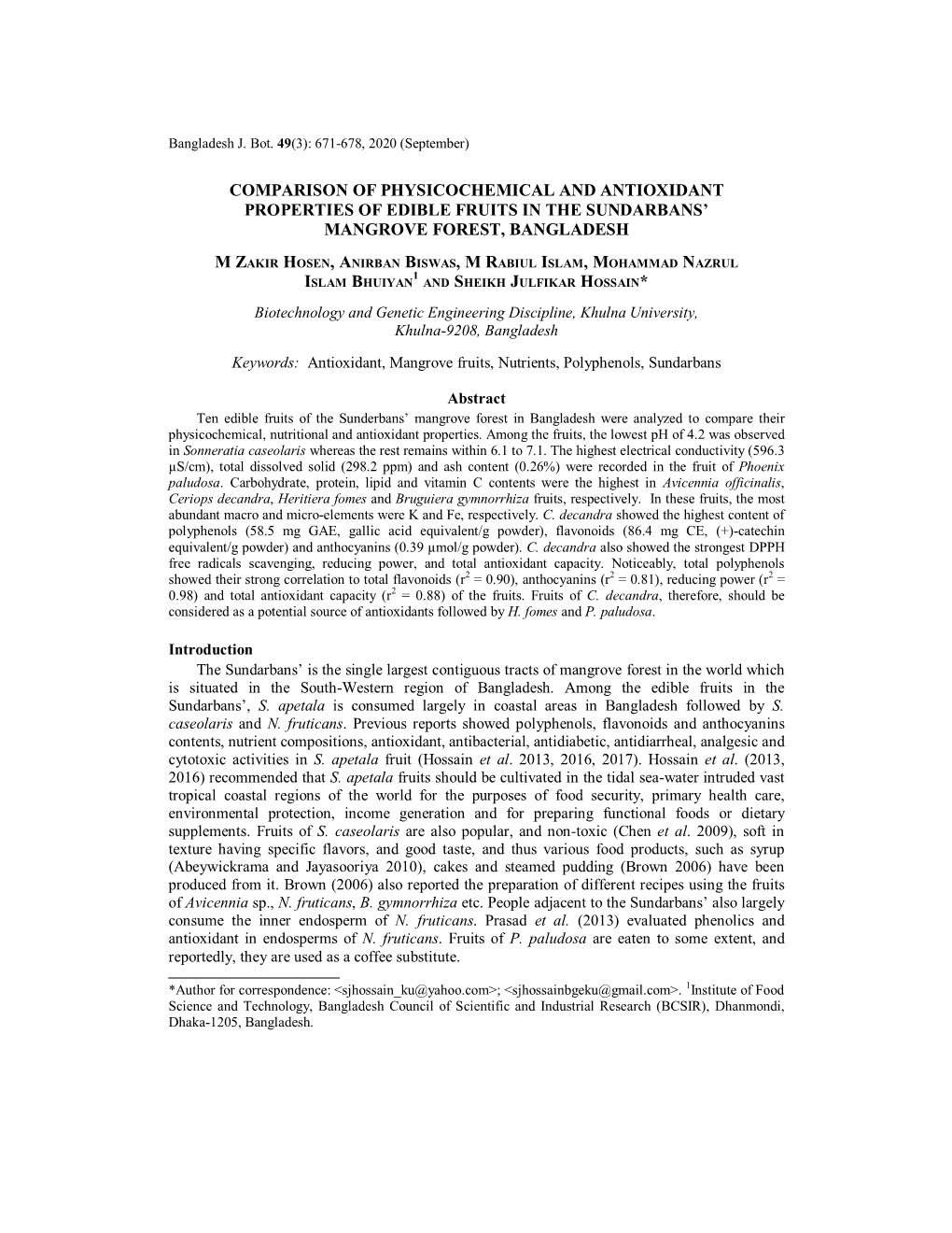 Comparison of Physicochemical and Antioxidant Properties of Edible Fruits in the Sundarbans' Mangrove Forest, Bangladesh