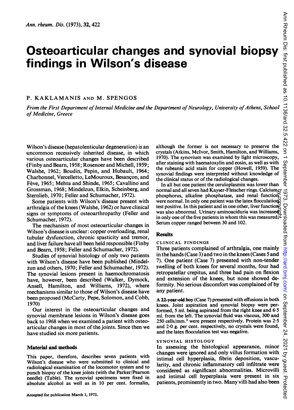 Osteoarticular Changes and Synovial Biopsy Findings in Wilson's Disease