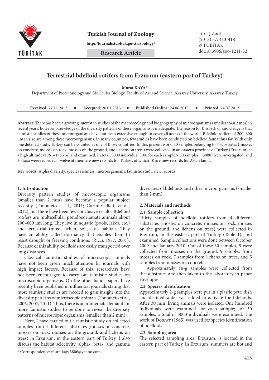 Terrestrial Bdelloid Rotifers from Erzurum (Eastern Part of Turkey)