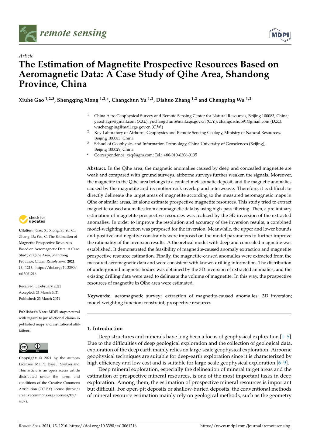The Estimation of Magnetite Prospective Resources Based on Aeromagnetic Data: a Case Study of Qihe Area, Shandong Province, China