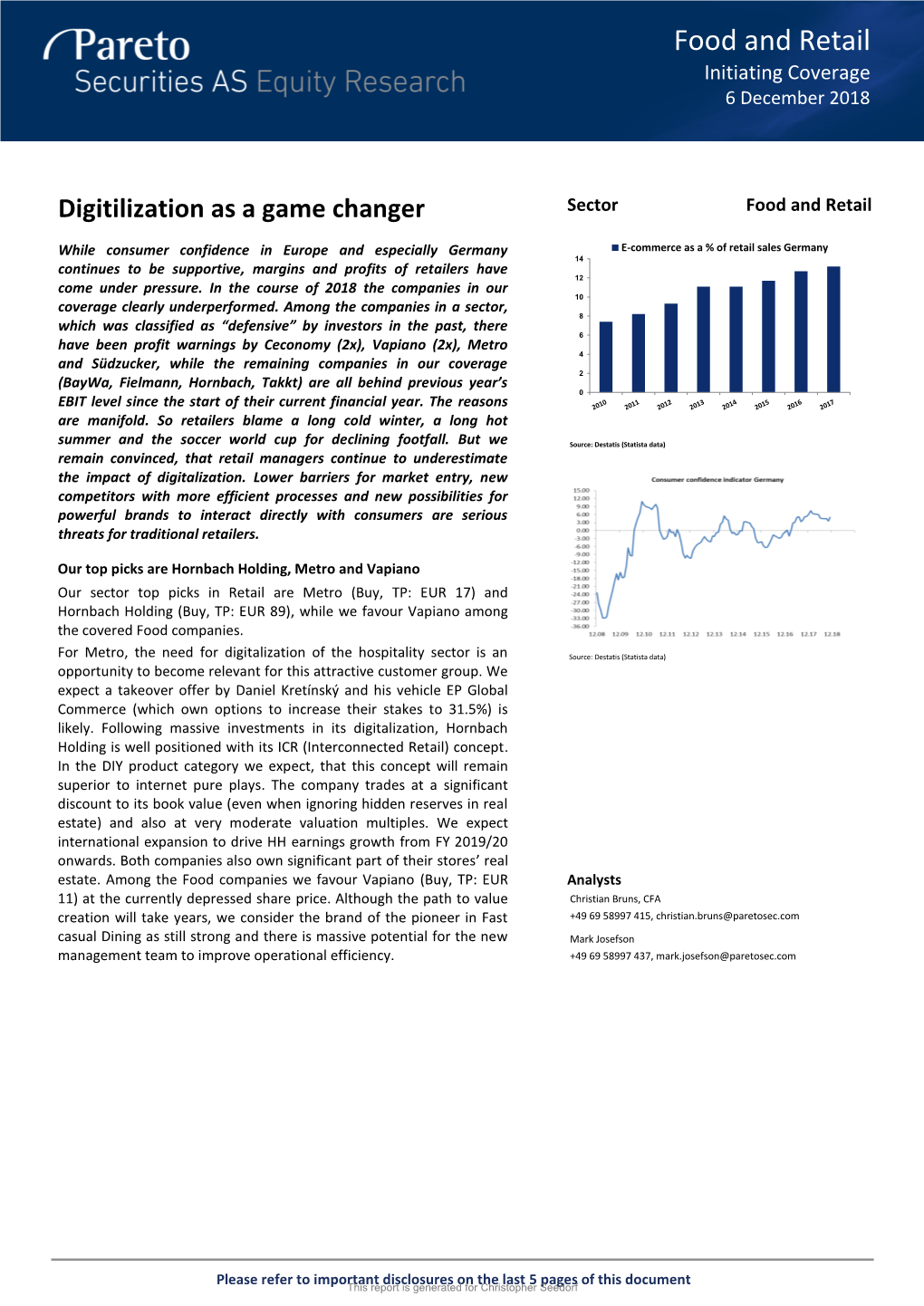 Food and Retail Initiating Coverage 6 December 2018