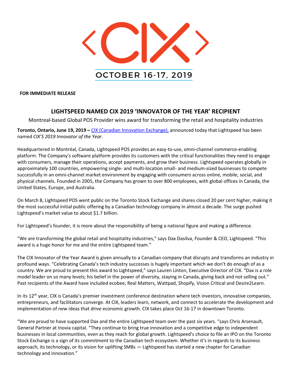 Lightspeed Named Cix 2019 'Innovator of the Year