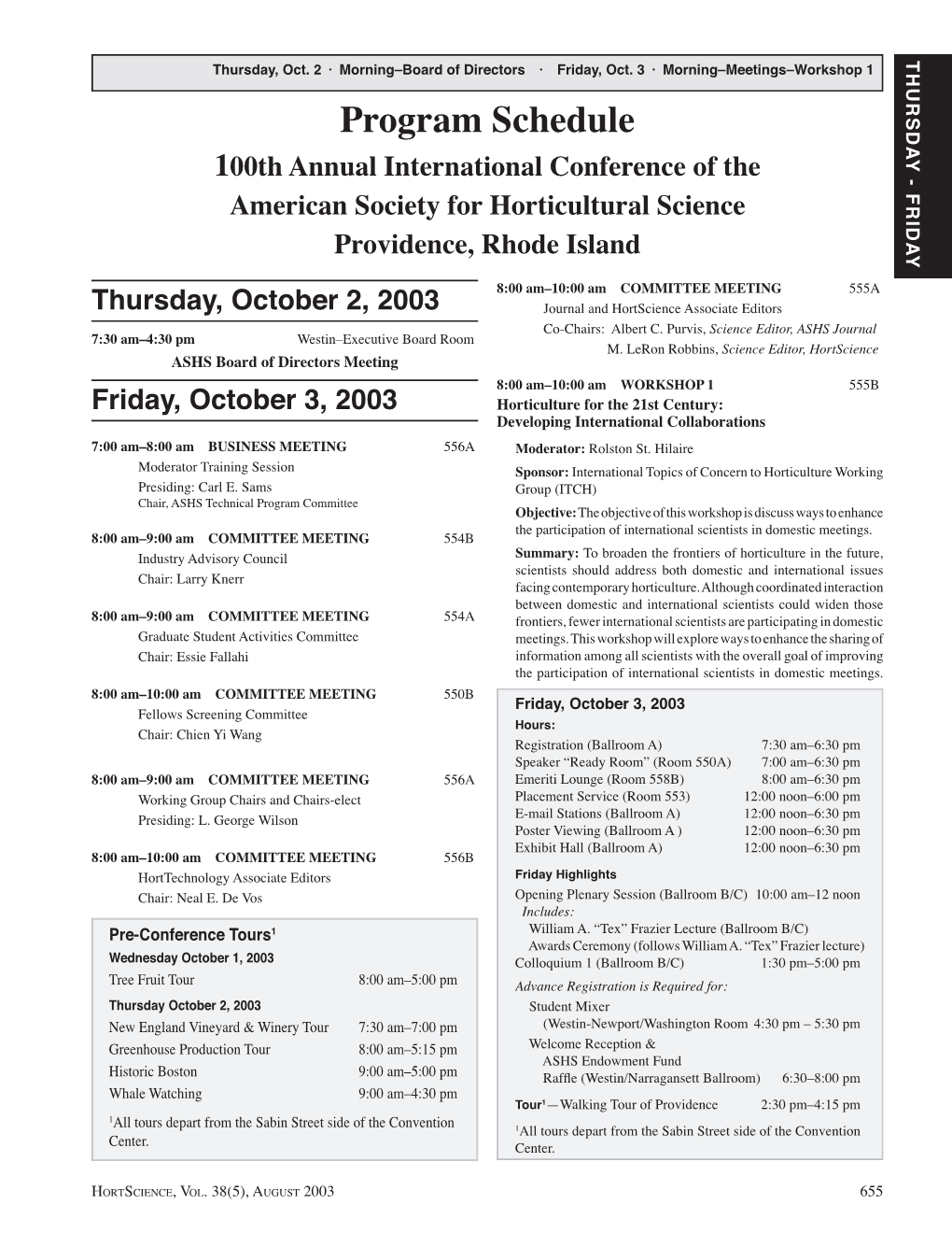 Program Schedule 100Th Annual International Conference of the American Society for Horticultural Science Providence, Rhode Island