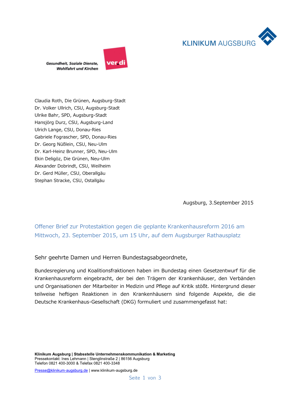 Offener Brief Zur Protestaktion Gegen Die Geplante Krankenhausreform 2016 Am Mittwoch, 23