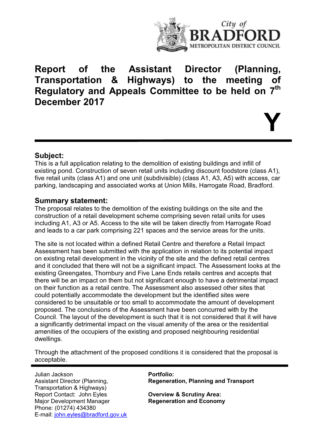 Report of the Assistant Director (Planning, Transportation & Highways) to the Meeting of Regulatory and Appeals Committee To