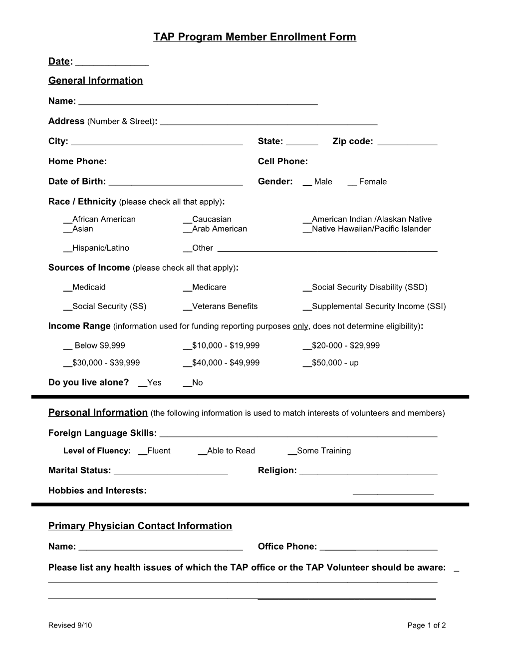 TAP Program Volunteer Registration Form