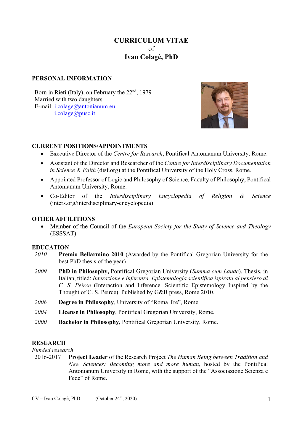 CURRICULUM VITAE of Ivan Colagè, Phd