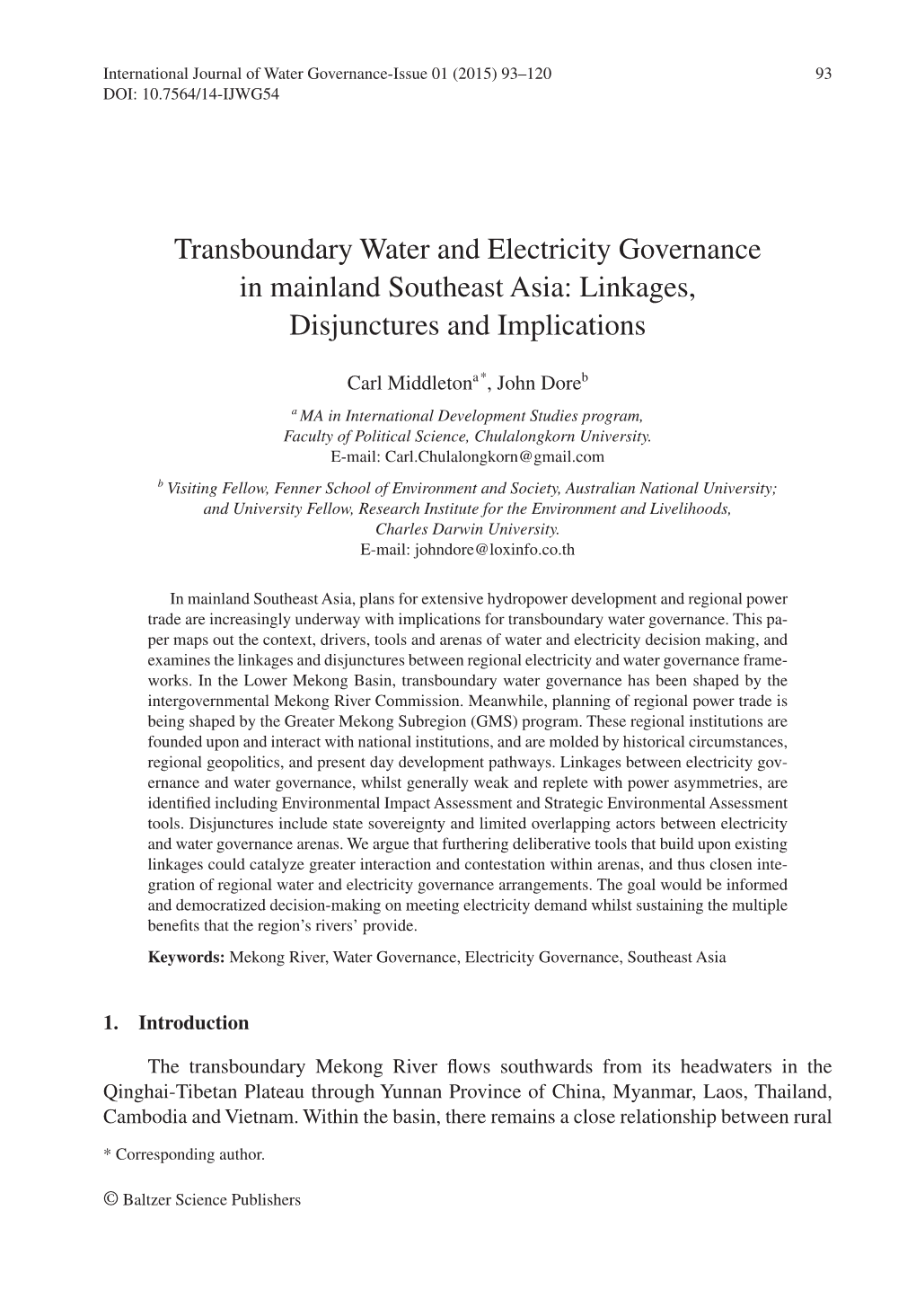 Transboundary Water and Electricity Governance in Mainland Southeast