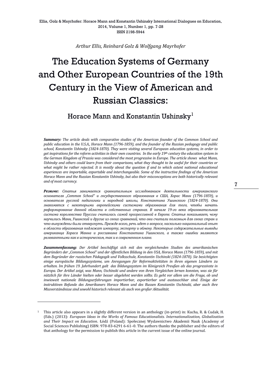 The Education Systems of Germany and Other European Countries of the 19Th Century in the View of American and Russian Classics