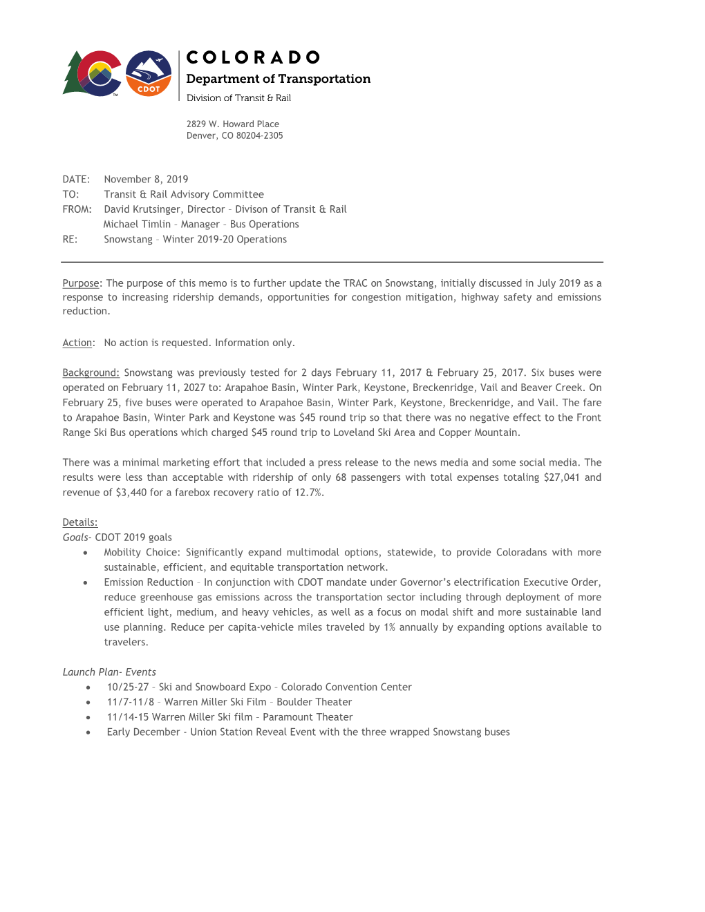 DATE: November 8, 2019 TO: Transit & Rail Advisory Committee FROM