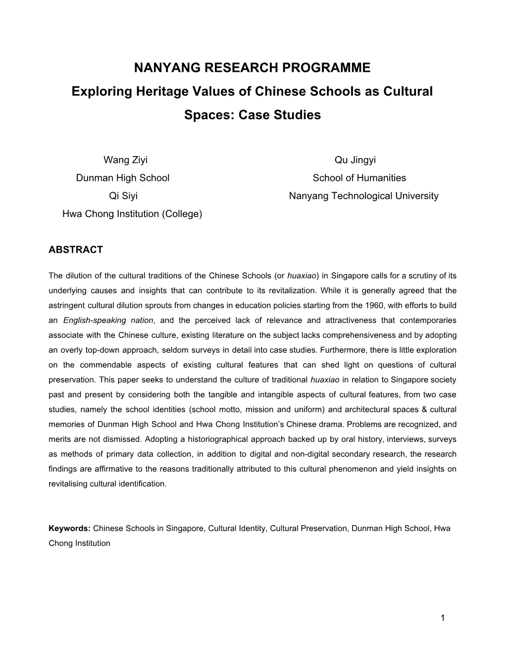 NANYANG RESEARCH PROGRAMME Exploring Heritage Values of Chinese Schools As Cultural Spaces: Case Studies