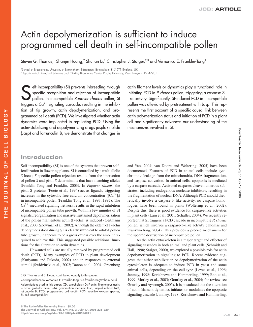 Actin Depolymerization Is Sufficient to Induce Programmed Cell Death in Self-Incompatible Pollen