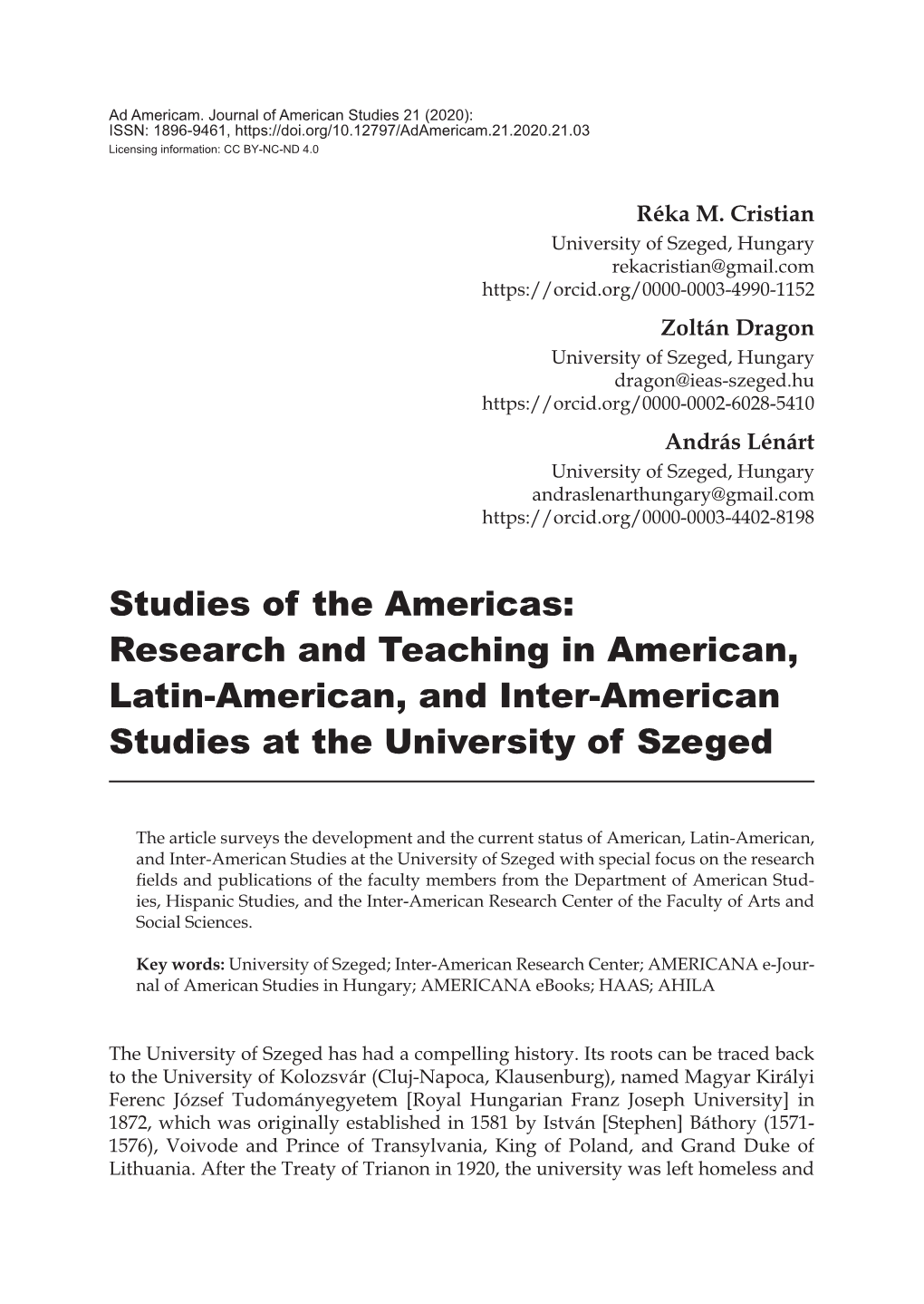 Studies of the Americas: Research and Teaching in American, Latin-American, and Inter-American Studies at the University of Szeged