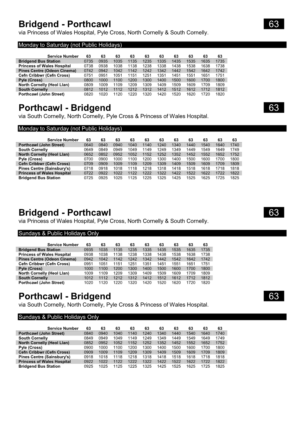 Bridgend - Porthcawl 0630 Via Princess of Wales Hospital, Pyle Cross, North Cornelly & South Cornelly