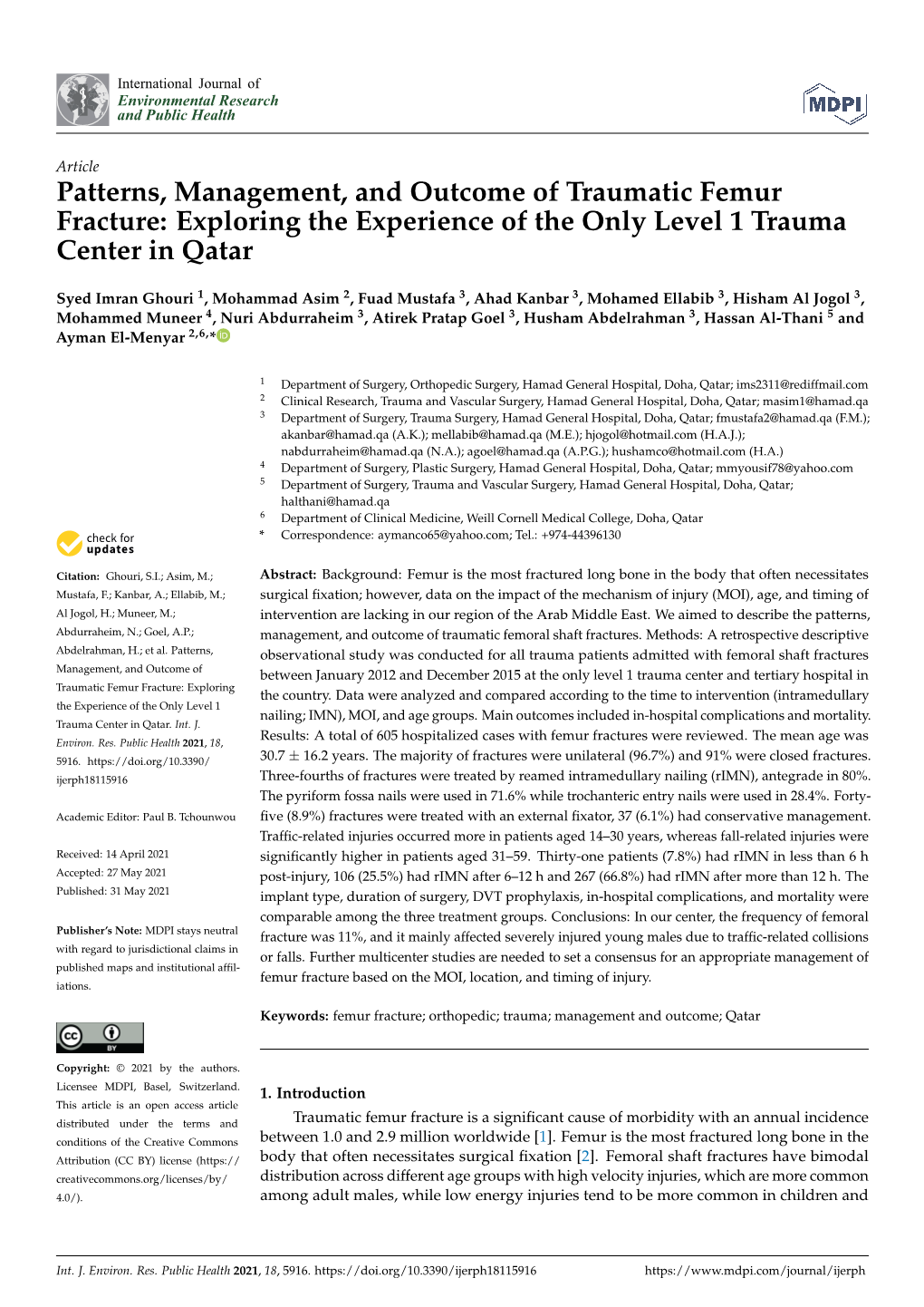 Patterns, Management, and Outcome of Traumatic Femur Fracture: Exploring the Experience of the Only Level 1 Trauma Center in Qatar