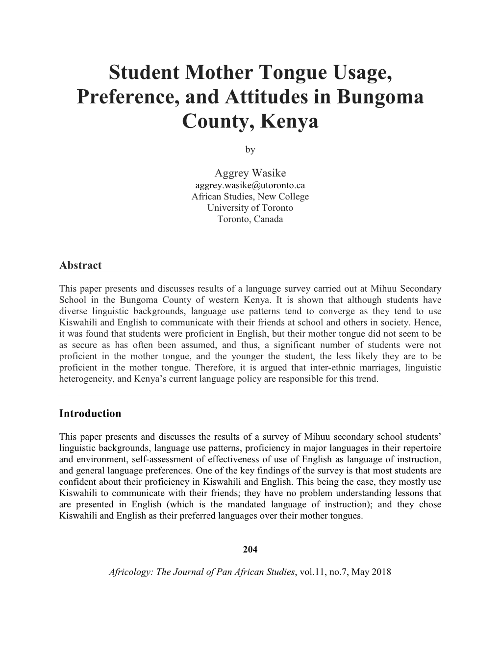 Student Mother Tongue Usage, Preference, and Attitudes in Bungoma County, Kenya
