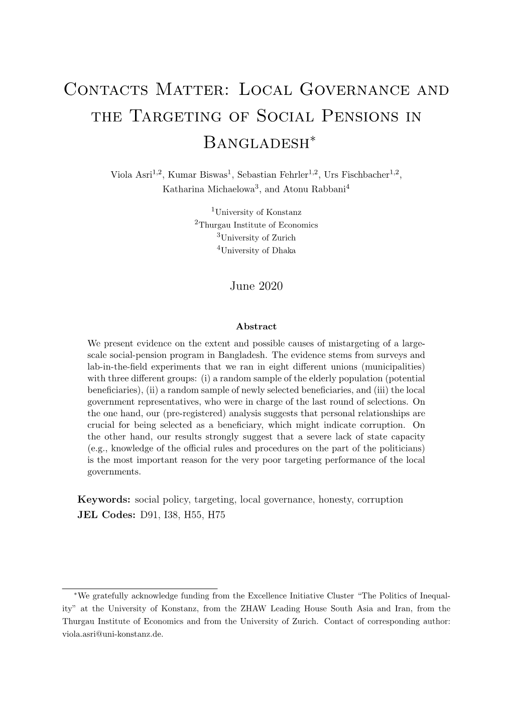 Contacts Matter: Local Governance and the Targeting of Social Pensions in Bangladesh∗