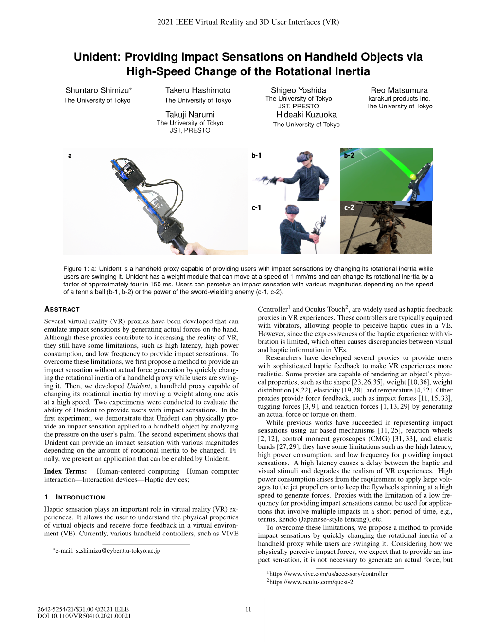 Unident: Providing Impact Sensations on Handheld Objects Via High-Speed Change of the Rotational Inertia