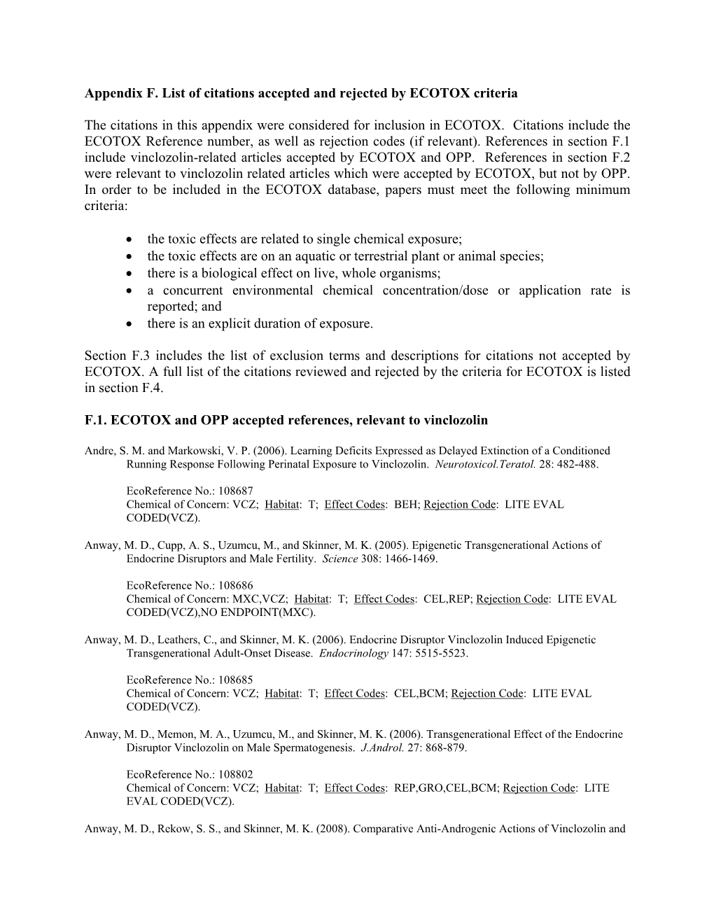 Appendix F. List of Citations Accepted and Rejected by ECOTOX Criteria