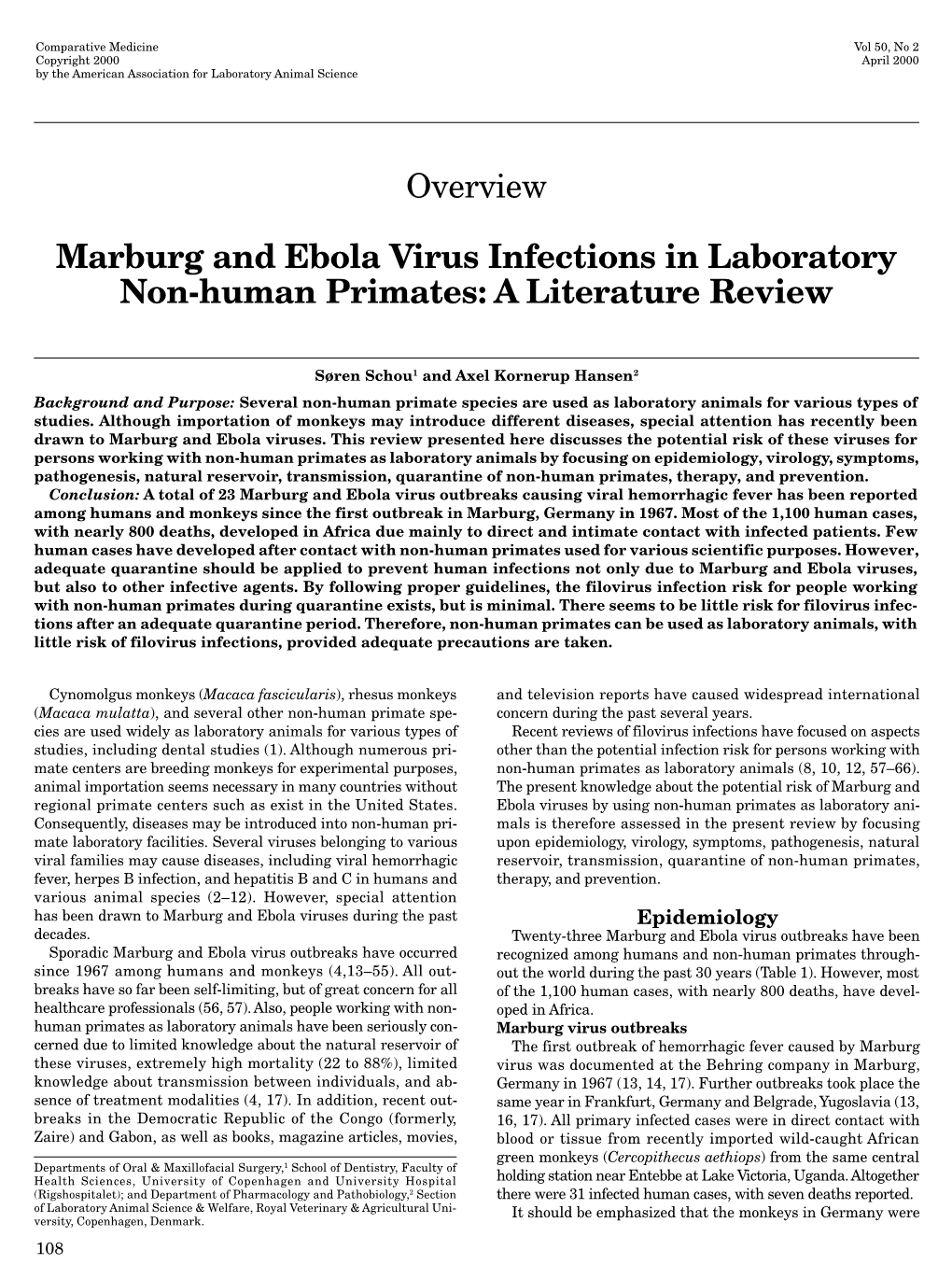 Marburg and Ebola Virus Infections in Laboratory Non-Human Primates: a Literature Review