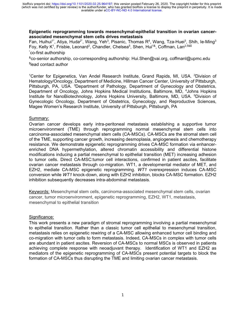 Epigenetic Reprogramming Towards Mesenchymal-Epithelial Transition