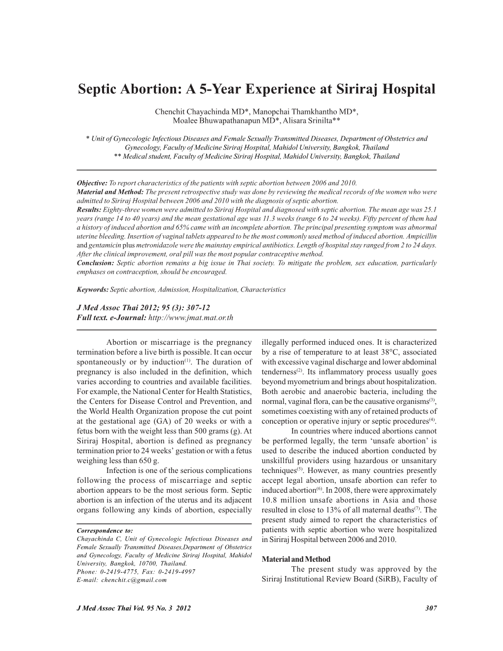 Septic Abortion: a 5-Year Experience at Siriraj Hospital