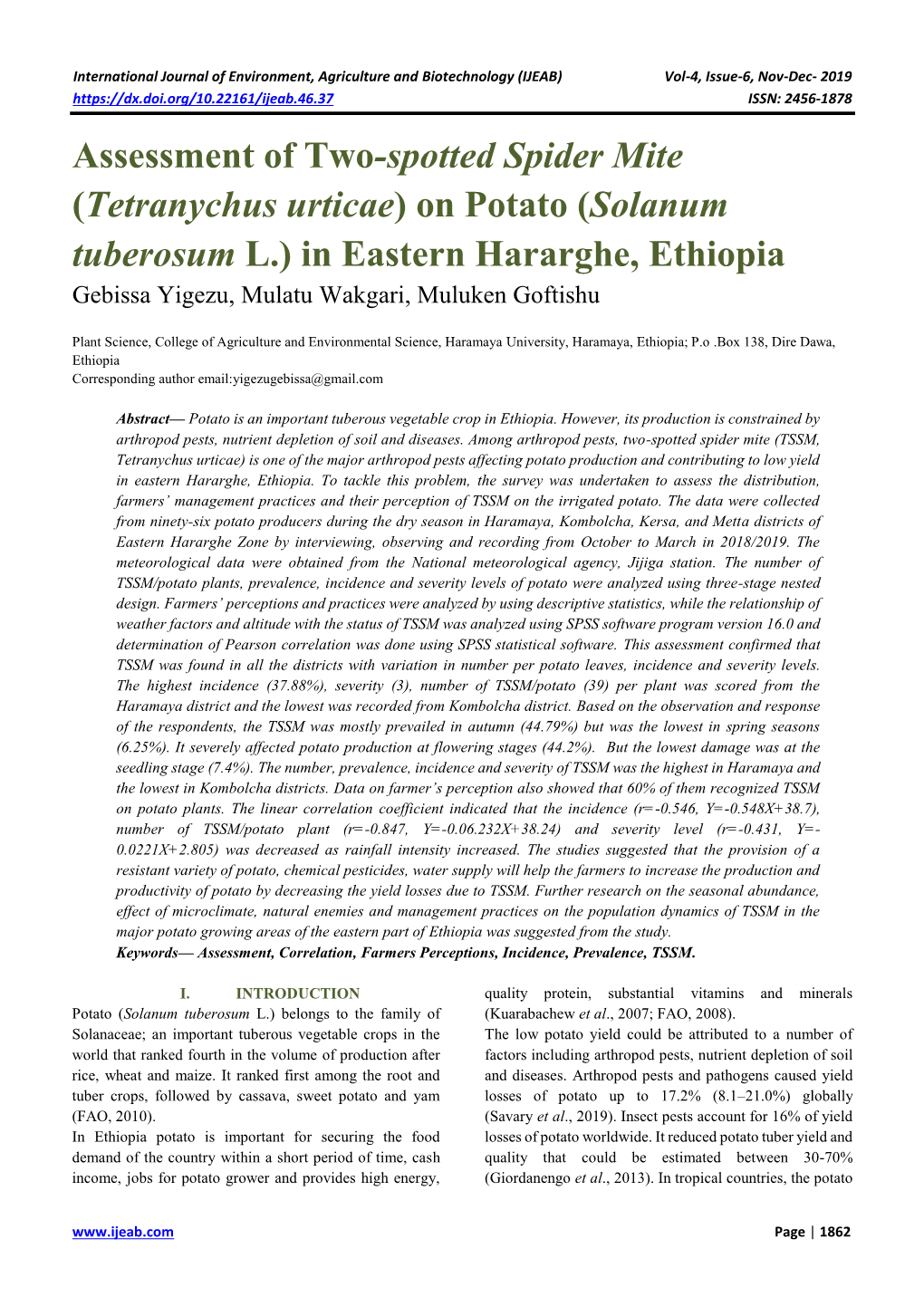 Tetranychus Urticae) on Potato (Solanum Tuberosum L.) in Eastern Hararghe, Ethiopia Gebissa Yigezu, Mulatu Wakgari, Muluken Goftishu
