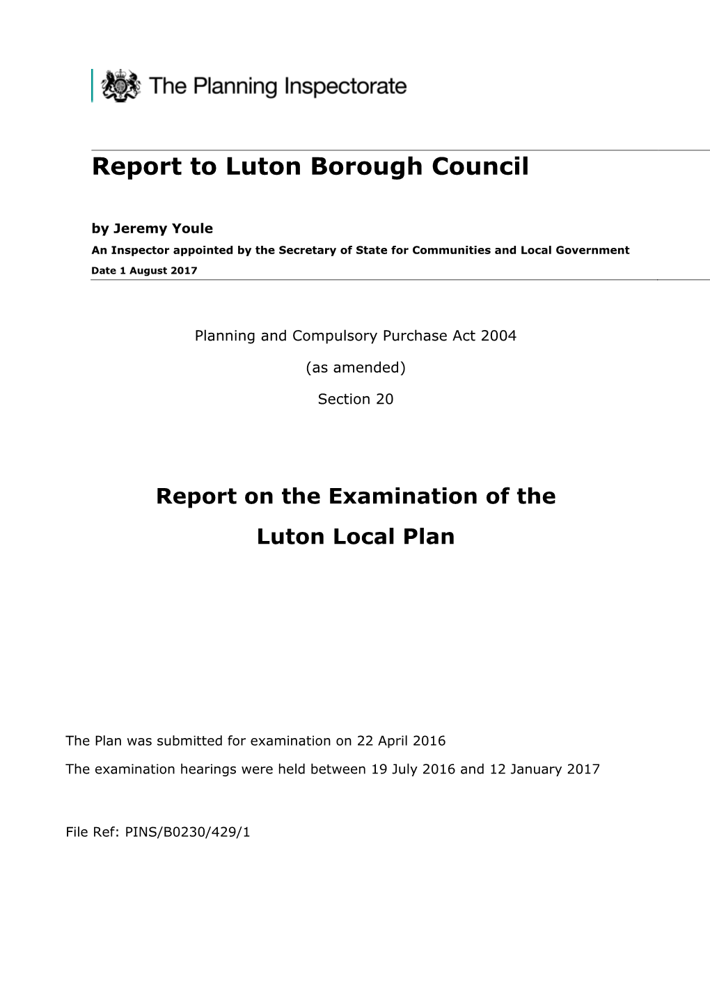 Luton Local Plan Final Inspectors Report