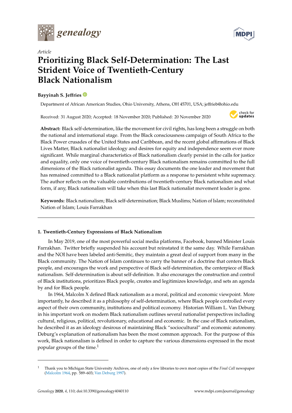 Prioritizing Black Self-Determination: the Last Strident Voice of Twentieth-Century Black Nationalism